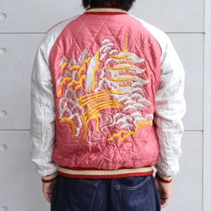 画像5: TAILOR TOYO テーラー東洋 TT15289-119　　Early 1950s Style Acetate Quilted Souvenir Jacket “BLACK EAGLE” × “LANDSCAPE” キルト スカジャン スカ スーベニア ブラック ピンク 刺繍 イーグル 鷹 日本 情景 50th ヴィンテージ復刻 