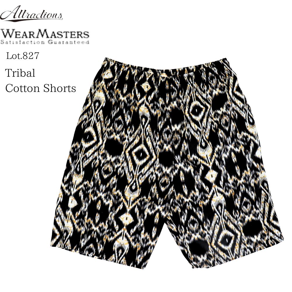 WEARMASTERS by ATTRACTIONS ウエアマスターズ バイ アトラクションズ 827 Tribal Cotton Shorts トライバル ショーツ ショートパンツ 短パン 通気性 紐 ゴム 民族模様 タトゥー模様 トライバル模様 トライバルデザイン 薄手 50s 綿 コットン 100% madeinjapan