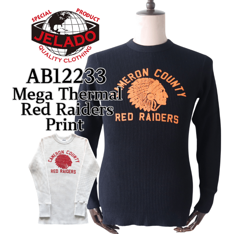 JELADO ジェラード  AB12233 Mega Thermal Red Raiders Print メガサーマル レッドレイダース プリント クルーネック ネイティブアメリカン柄 極厚で圧倒的な保温性 最高品質 防寒 保温 長袖