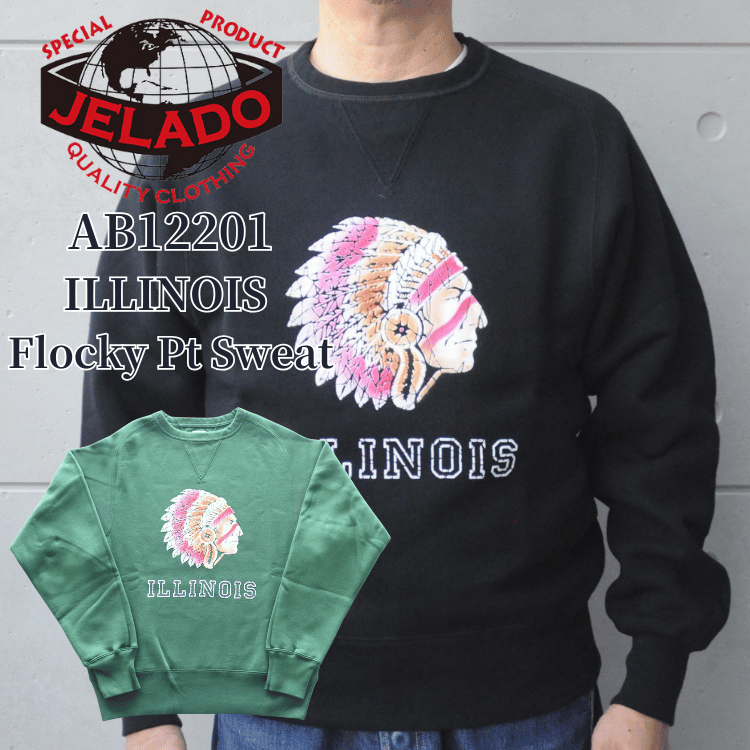JELADO/ジェラード AB12201 ILLINOIS Flocky Pt Sweat フロッキープリントスウェット カラーフロッキー 職人手作業 アズマ編み機 丸胴 丸起毛加工 丸編みリブ 最終リリース 特別な一枚 フリーダムスリーブ