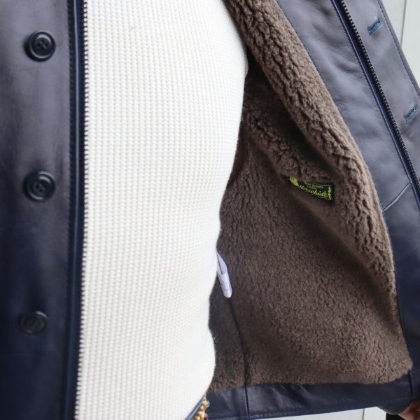 画像4: Y'2 LEATHER ワイツーレザー IN-1 INDIGO HORSE N-1LININGCOLLAR MOUTON ALPACA & WOOL typeN-1 インディゴホース ミリタリージャケット アルパカウール ライニング    ムートン カラー ジャケット 革ジャン レザージャケット 日本製 (4)