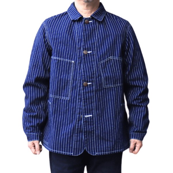 画像2: JELADO ジェラード Steelbeam Coat AG11406 インディゴウォバッシュ カバーオール 青タグ 変形ポケット INDIGO WABASH ストライプ デニムワークジャケット  Madeinjapan (2)