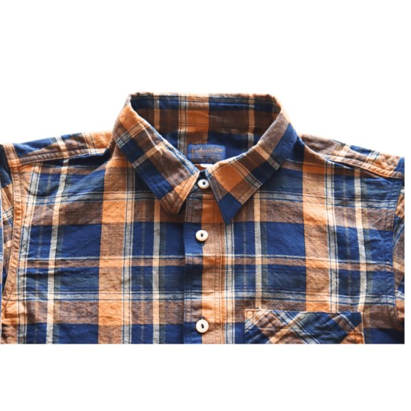 画像4: DELUXEWARE デラックスウエア MV-15 ORANGE NAVY CHECK ミディアムネルシャツ 平織り 無起毛 長袖シャツ 1970年代 オレンジ ネイビー チェック柄 ジンバブエ混合ムラ糸 Madeinjapan 完全日本製 (4)