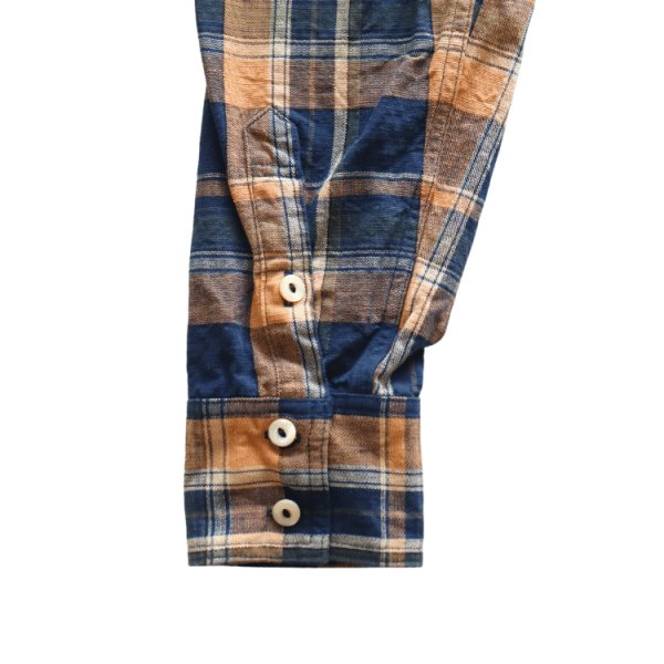 画像9: DELUXEWARE デラックスウエア MV-15 ORANGE NAVY CHECK ミディアムネルシャツ 平織り 無起毛 長袖シャツ 1970年代 オレンジ ネイビー チェック柄 ジンバブエ混合ムラ糸 Madeinjapan 完全日本製 (9)