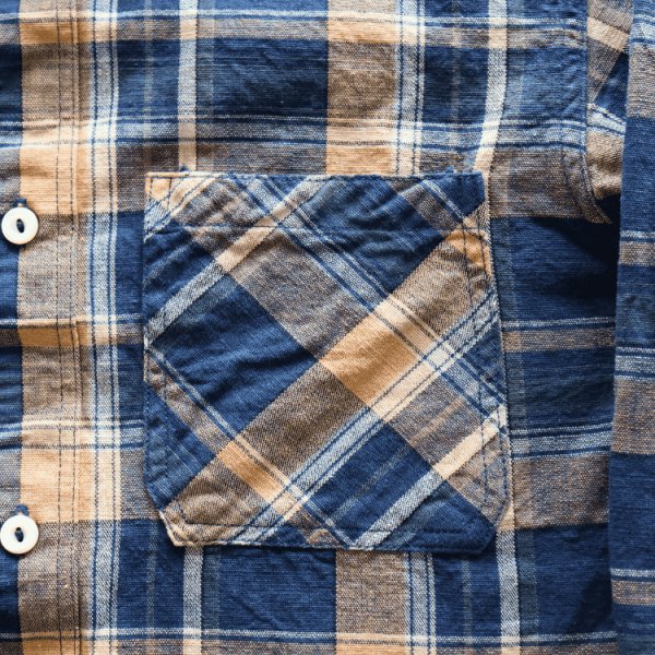 画像8: DELUXEWARE デラックスウエア MV-15 ORANGE NAVY CHECK ミディアムネルシャツ 平織り 無起毛 長袖シャツ 1970年代 オレンジ ネイビー チェック柄 ジンバブエ混合ムラ糸 Madeinjapan 完全日本製 (8)