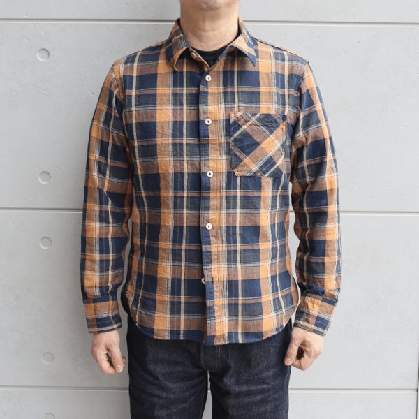 画像2: DELUXEWARE デラックスウエア MV-15 ORANGE NAVY CHECK ミディアムネルシャツ 平織り 無起毛 長袖シャツ 1970年代 オレンジ ネイビー チェック柄 ジンバブエ混合ムラ糸 Madeinjapan 完全日本製 (2)
