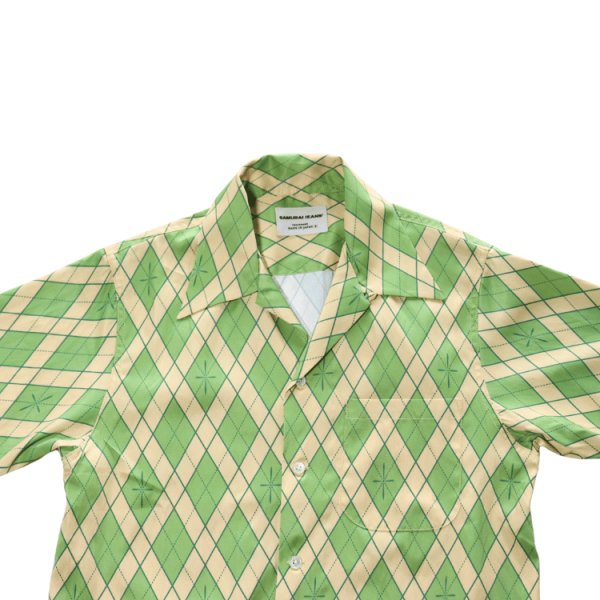 画像3: SAMURAI JEANS サムライジーンズ SSA25-01 蛇アーガイル総柄シャツ 業平菱アーガイル柄レーヨン オーガニック綿サテン生地 貝ボタン 日の丸ネーム ワンウォッシュ 半袖シャツ madeinjapan 日本製 (3)