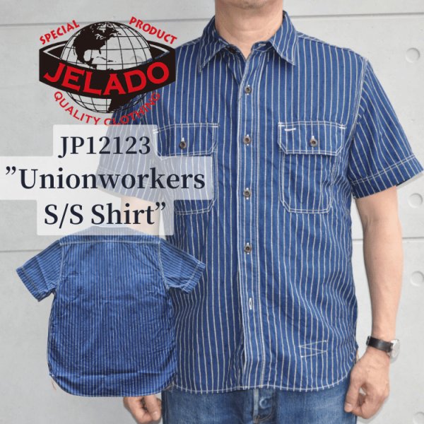 画像1: JELADO/ジェラード JP12123 JELADO Unionworkers S/S Shirt/ ジェラード ユニオンワーカーズシャツ WABASHストライプ 半袖シャンブレーシャツ 襟ダブルステッチ 身頃トリプルステッチ ユニオンチケット メタルボタン フラップポケット 日本製 (1)