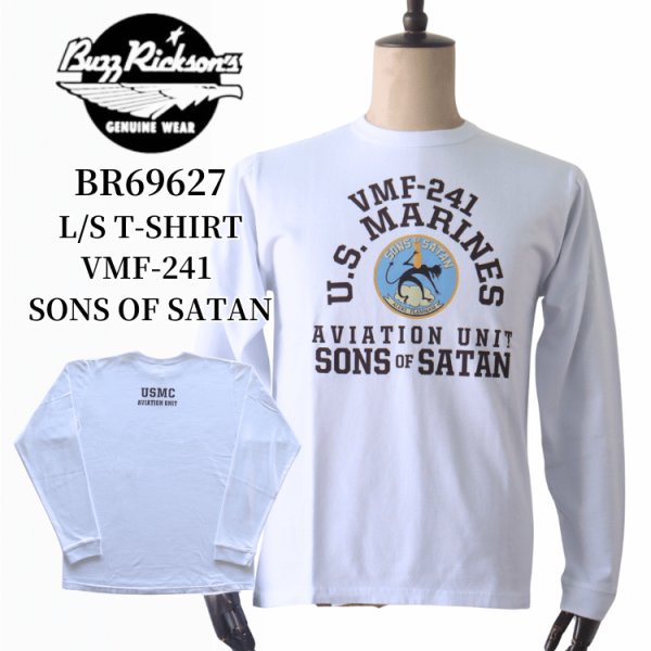 画像1: BUZZ RICKSON'S バズリクソンズ BR69627 L/S T-SHIRT VMF-241 SONS OF SATAN プリント長袖ミリタリーＴシャツ アメリカ製ボディ 海兵戦闘飛行隊 ミッドウェー海戦 黒い影の悪魔 綿100% (1)