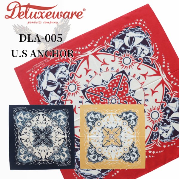 画像1: DELUXEWARE デラックスウエア DLA-005 U.S ANCHOR デラックスウエア リアルバンダナ 片耳使い 地染め抜染 旧式織機 1940年代 4辺中3辺が縫製始末 職人技術 本物品質 綿100％ 日本製 (1)