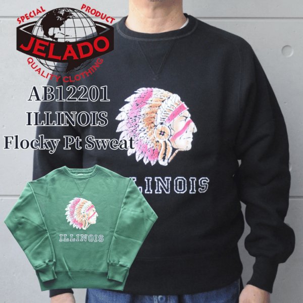 画像1: JELADO/ジェラード AB12201 ILLINOIS Flocky Pt Sweat フロッキープリントスウェット カラーフロッキー 職人手作業 アズマ編み機 丸胴 丸起毛加工 丸編みリブ 最終リリース 特別な一枚 フリーダムスリーブ (1)
