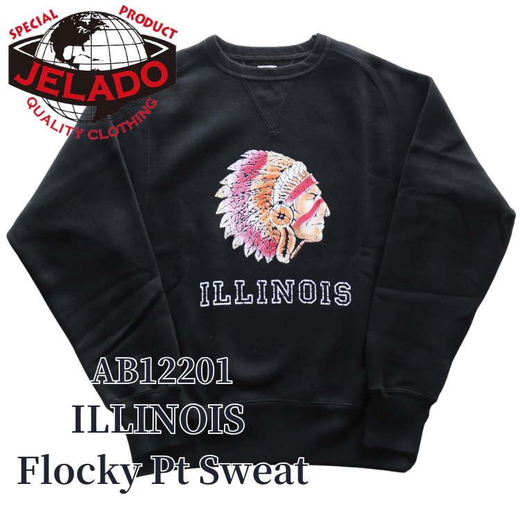 新品 JELADO ジェラード フロッキープリント フリーダムスリーブスウェット JELADO/ジェラード」ILLINOIS フロッキープリント両Vフリーダム